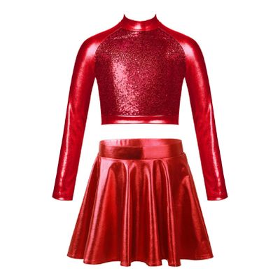 FEESHOW Girls Kids Sequined Metallic Crop Top with Pleated Mini Skirt Ballet Dancing Cheerleading Performance Costumes Red 10 Years