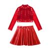 FEESHOW Girls Kids Sequined Metallic Crop Top with Pleated Mini Skirt Ballet Dancing Cheerleading Performance Costumes Red 10 Years view 3