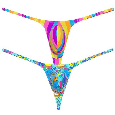 Botmois Sexy Men's Spandex G-String Thong Underwear Male Contour Pouch Swim Bikini Sports Posing Tangas Mini T-back 2-Pack(Big Pink Srtipe,Blue Flower) XL