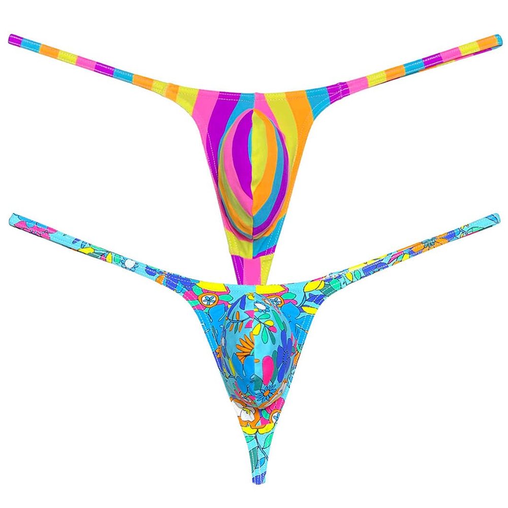 Botmois Sexy Men's Spandex G-String Thong Underwear Male Contour Pouch Swim Bikini Sports Posing Tangas Mini T-back 2-Pack(Big Pink Srtipe,Blue Flower) XL