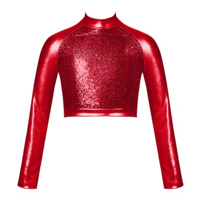 JanJean Little Big Girls Long Sleeve Mock Neck Ballet Gymnastic Crop Top Athletic T-Shirt Top Yoga Cheerleading Dancewear Burgundy A 10 Years