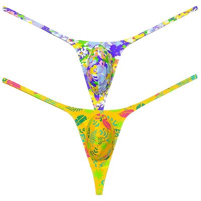 Botmois Sexy Men Spandex G-String Thong Underwear Male Contour Pouch Swim Bikini Sports Posing Tangas Mini T-back 2-Pack(YE Wax Flower,YE Fern Leaf) M