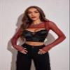 Avidlove Women Long Sleeve Crop Top Fishnet Top Red Mesh Top Rave Outfits Sheer Blouse XL view 3