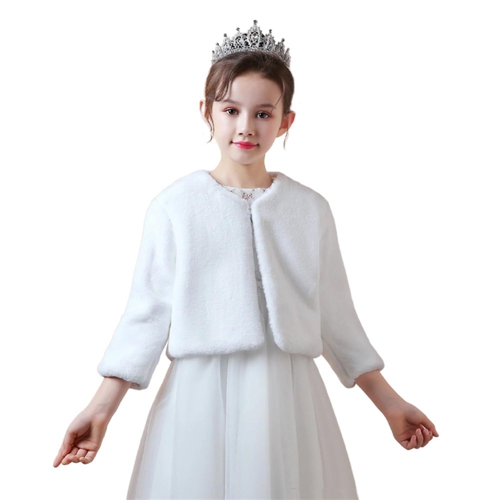 BESTORI Flower Girl Faux Fur Shawl Wraps Princess Cape Wedding Bridesmaid Bolero Shrug Party Dress Up White