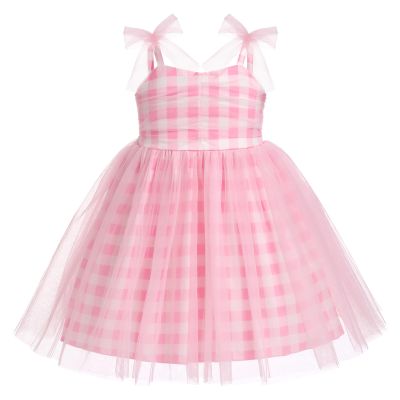 Baby Girls 1st Birthday Outfit Pink Gingham Tulle Tutu Dress Sleeveless Spaghetti Straps Bowknot Decor Pink and White Plaid Princess Party Cake Smash Clothes for Photo Shoot Pink Checkered 5-6 Years