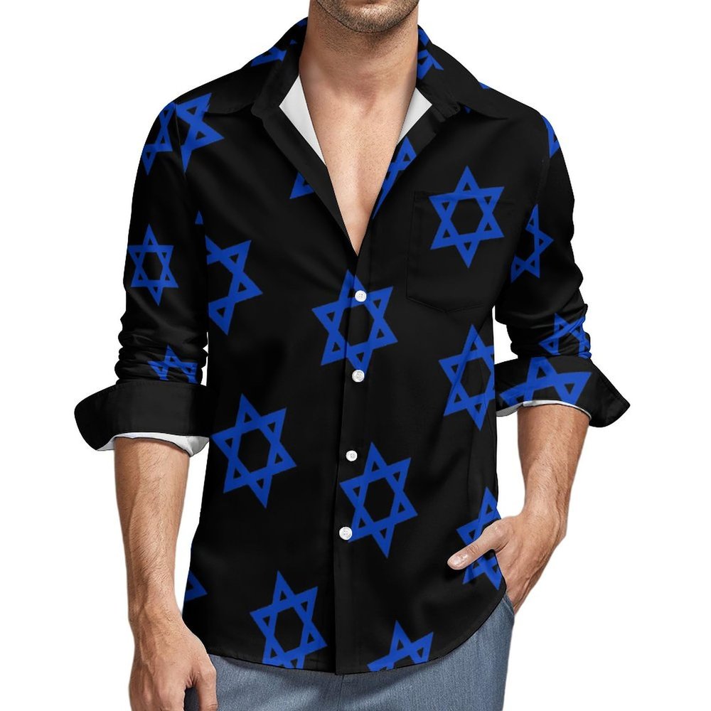 Israel Flag Hexagram Men's Long-Sleeve Button Down Shirts Hawaiian Beach Shirt Casual Blouse Top 5XL