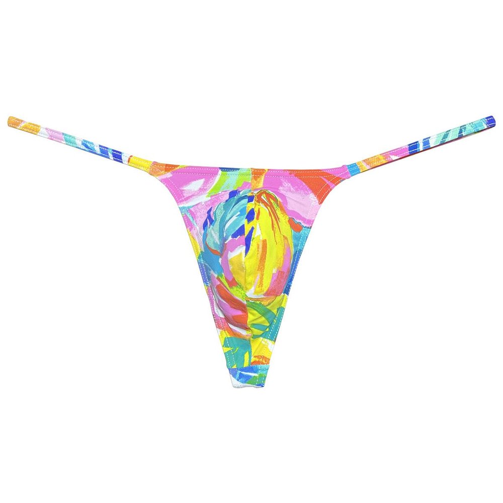 Botmois Men's Micro G-Strings Bikini Underwear Male Slim Pouch Swim Thong Minimal Coverage Posing Tangas Spandex T-back Yellow Oil Painting L