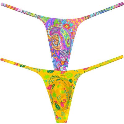 Botmois Men's Micro G-Strings Bikini Underwear Male Slim Pouch Swim Thong Minimal Coverage Posing Tangas Spandex T-back 2-Pack(Mess Twine Pattern,Yellow Fern Leaf) L