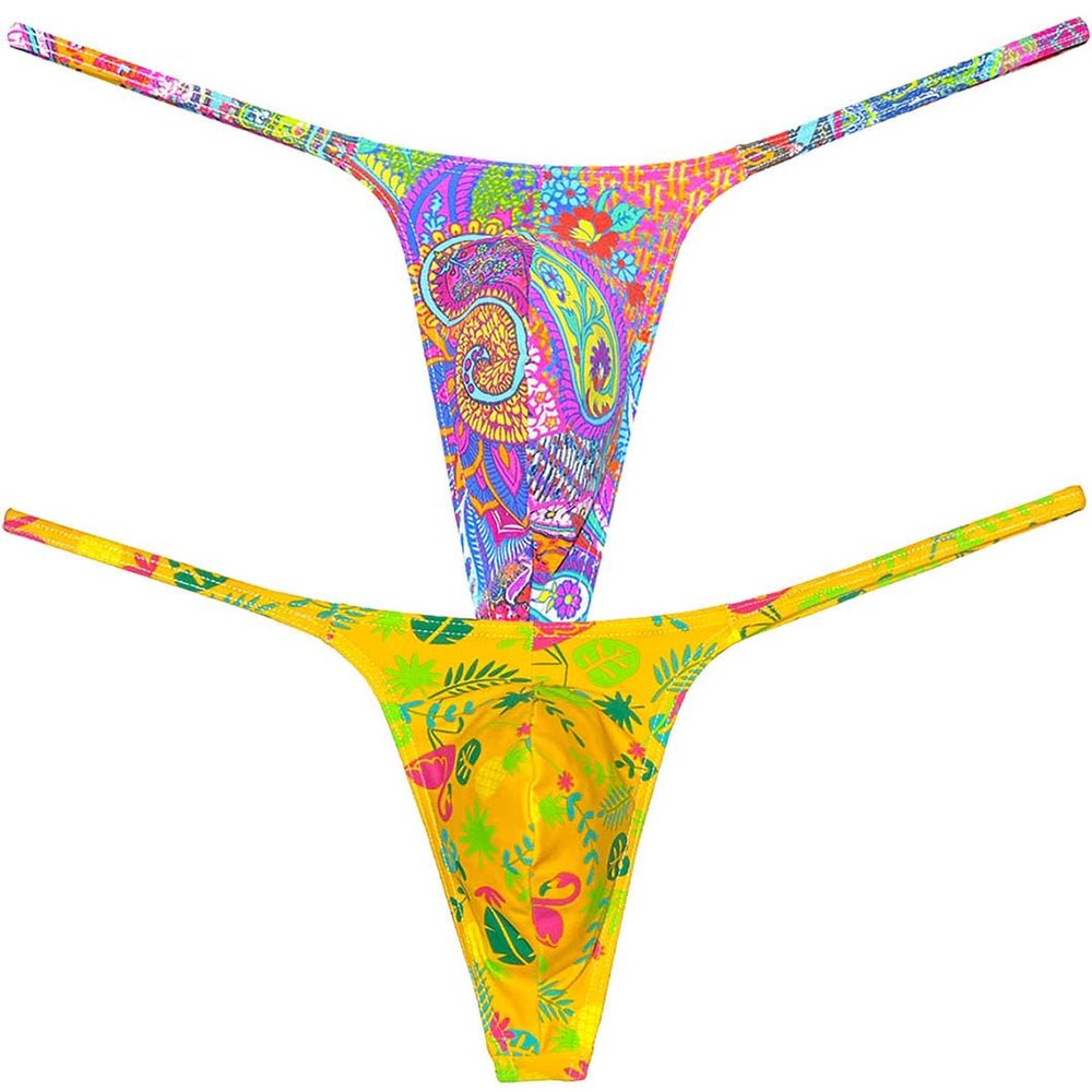 Botmois Men's Micro G-Strings Bikini Underwear Male Slim Pouch Swim Thong Minimal Coverage Posing Tangas Spandex T-back 2-Pack(Mess Twine Pattern,Yellow Fern Leaf) L