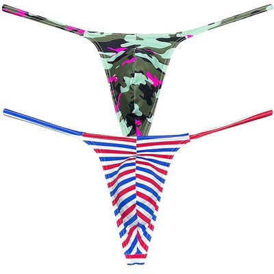 Botmois Men's Micro G-Strings Bikini Underwear Male Slim Pouch Swim Thong Minimal Coverage Posing Tangas Spandex T-back 2-Pack(Pink Camouflage,Small Stripe) L