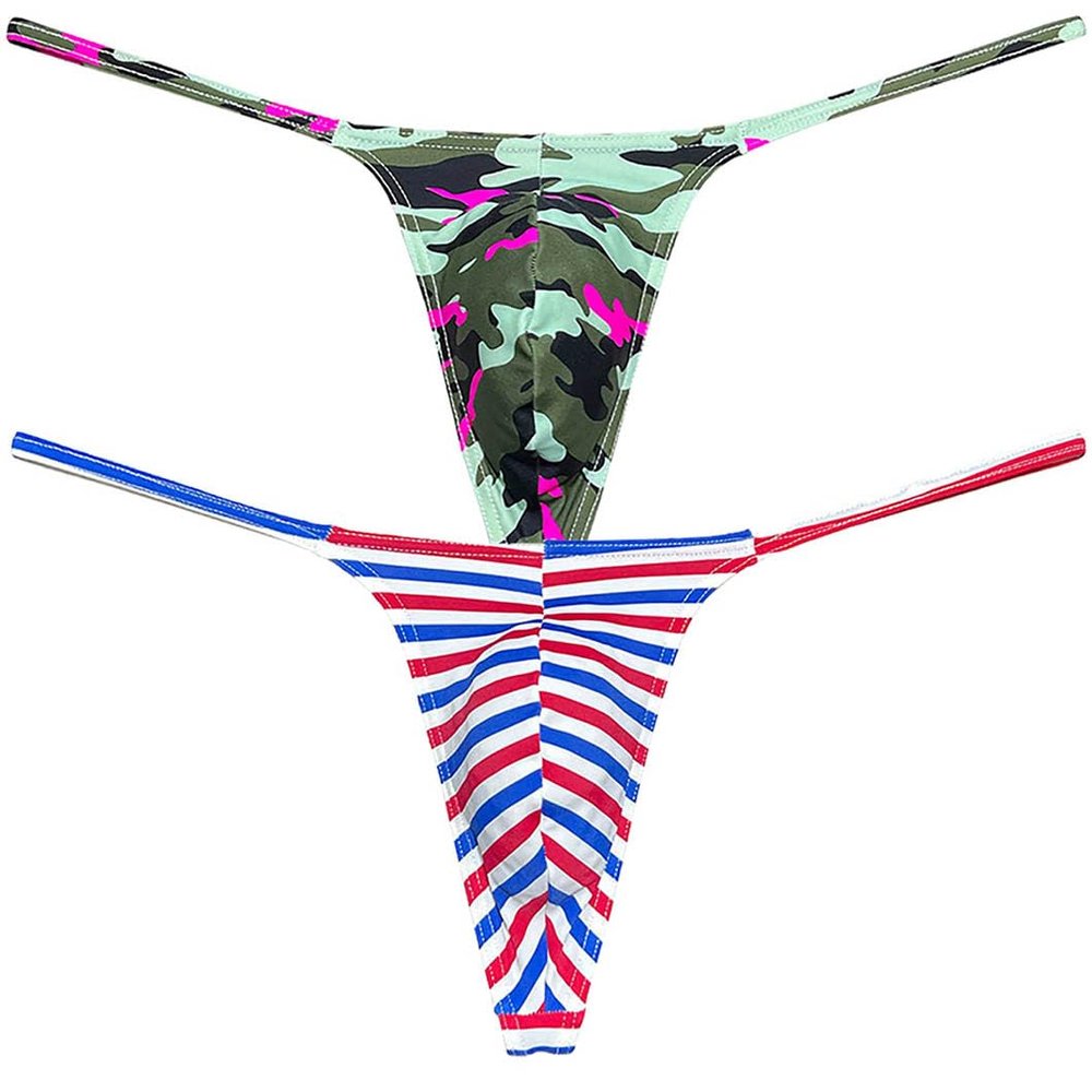 Botmois Men's Micro G-Strings Bikini Underwear Male Slim Pouch Swim Thong Minimal Coverage Posing Tangas Spandex T-back 2-Pack(Pink Camouflage,Small Stripe) L