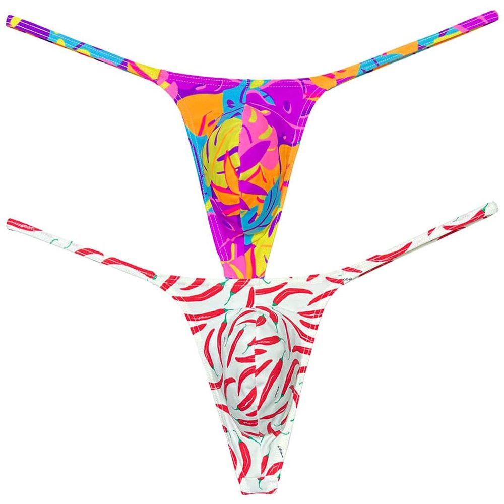 Botmois Men's Micro G-Strings Bikini Underwear Male Slim Pouch Swim Thong Minimal Coverage Posing Tangas Spandex T-back 2-Pack(Purple Fern Leaf,Red Chilli) L