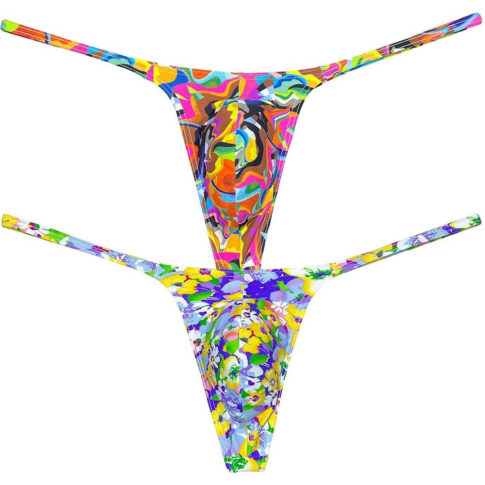 Botmois Men's Micro G-Strings Bikini Underwear Male Slim Pouch Swim Thong Minimal Coverage Posing Tangas Spandex T-back 2-Pack(Color Scrawl,Yellow Wax Flower) M