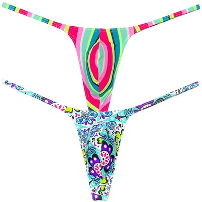 Botmois Men's Micro G-Strings Bikini Underwear Male Slim Pouch Swim Thong Minimal Coverage Posing Tangas Spandex T-back 2-Pack(Green Rainbow StripeGreen Medallion Pattern) M
