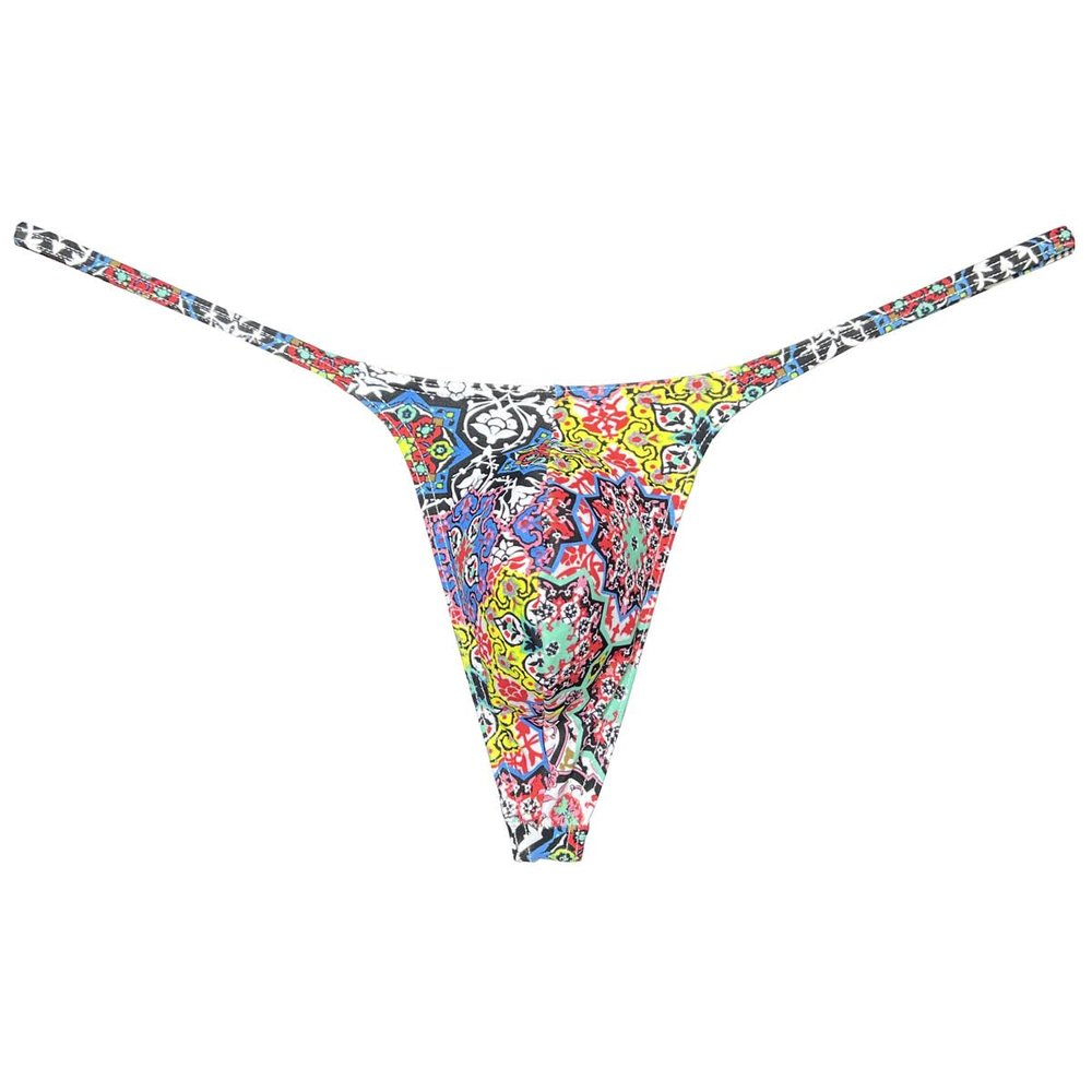 Botmois Men's Micro G-Strings Bikini Underwear Male Slim Pouch Swim Thong Minimal Coverage Posing Tangas Spandex T-back Yellow Medallion Pattern L