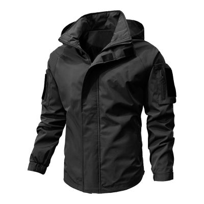 Ymosrh Coats for Men, Lightweight Waterproof Tactical Jacket with Hood Outdoor Raincoat Softshell Jacket Hiking Travel Windbreaker Rain Jacket Men Light Jackets Mens Coat (L, Black)