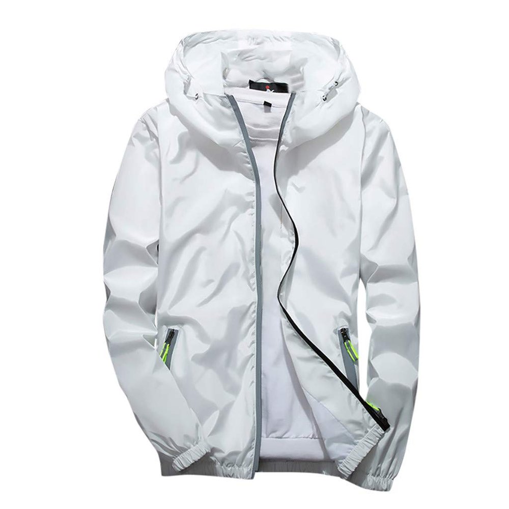 Ymosrh Jackets, Lightweight Windbreaker Casual Refleciton Zip Up Jackets with Hood Light Rain Jacket Mens Breathable Packable Jacket Men's Spring Men Jacket for Waterproof Coats (M, White)