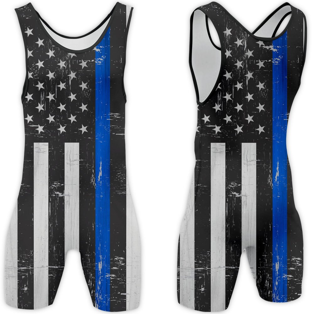 4 Time All American Sublimated Wrestling Singlet Stitched & Durable Mens Singlet Singlet for Wrestling, MMA & Powerlifting Wrestling Singlet Youth Boys (Police, L 156-190 lbs.)