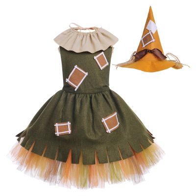 Scarecrow Costume for Girls Kids Toddler Halloween Costume Fluffy Tulle Tutu Dress with Headband Movie Role Play Party Stage Performance Children's Day Dressing Outfit Army Green 6-12 Months