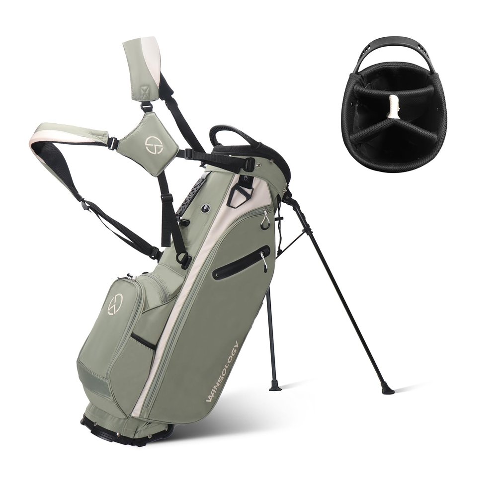 T WINSOLOGY Lightweight Golf Stand Bag with 4 Way Top Dividers for Men and Women, Only 4.2 Pounds, 8 Storage Pockets Including Cooler, Double Shoulder Straps, Womens Golf Club Bag (Sage Grey/Cream)