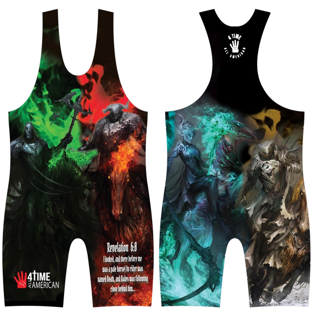 4 Time All American Sublimated Wrestling Singlet Stitched & Durable Mens Singlet Singlet for Wrestling, MMA & Powerlifting Wrestling Singlet Youth Boys (4 Horsemen, XXS/YL 51-70 lbs.)