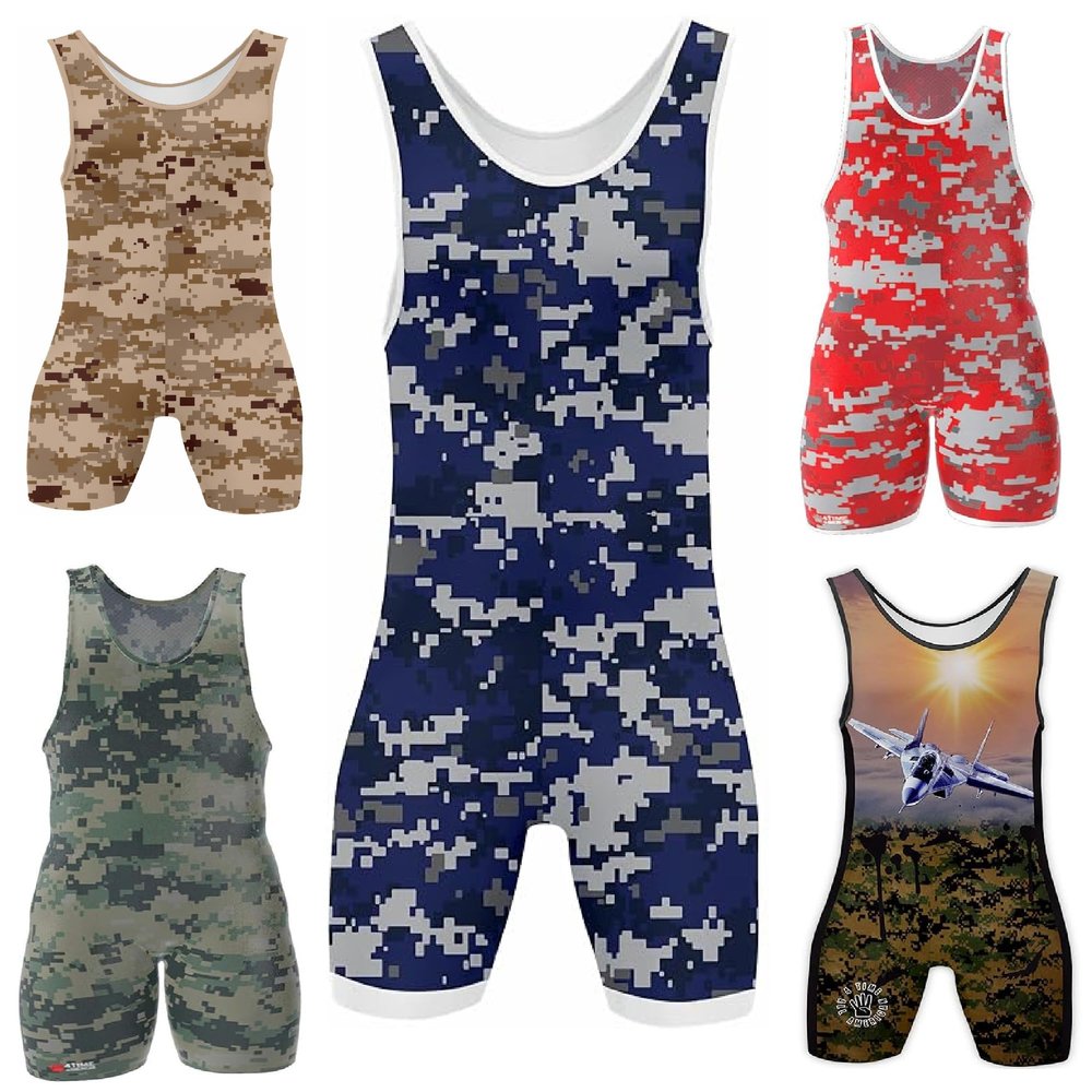 4 Time All American Sublimated Wrestling Singlet Stitched & Durable Mens Singlet Singlet for Wrestling, MMA & Powerlifting Wrestling Singlet Youth Boys (Camo Blue, XS 71-90 lbs.)