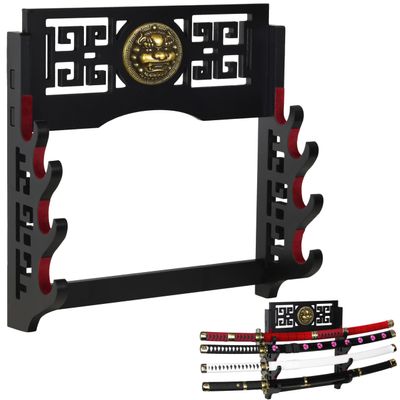 Logest Wall Mount Sword Holder - 4 Tier Options Available - Crafted Using Wood Katana Holder - Furnished in Black With a Gold Lions Head - Desirable Sword Display Gift - Sword Holder Wall (4-Tier)
