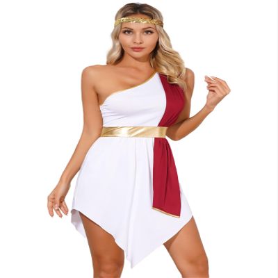 Agoky Women's Halloween Ancient Greek Roman Costume One Shoulder Dress Cleopatra Cosplay Toga Robe Burgundy Small