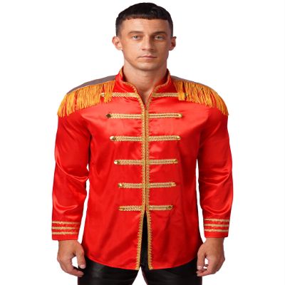 HULIJA Men Sergeant Pepper Costume 60s Satin Cardigan Coat Medieval Hippy Halloween Fancy Dress Up Red X-Large
