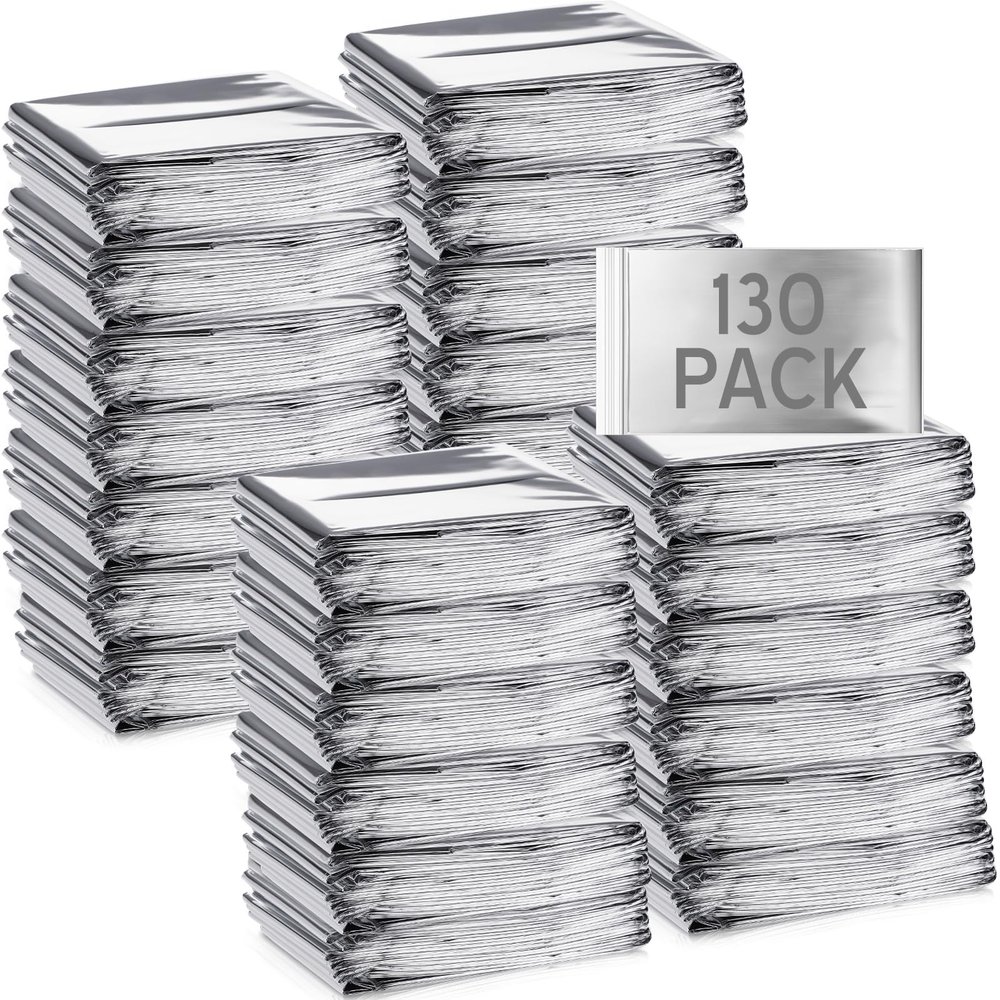 Macarrie 130 Pieces Emergency Blanket Bulk - Survival Thermal Silver Foil Reflective Blankets Set Pack for Outdoors Shelter Space, Camping, Hiking, First Aid Supplies, Homeless Donations
