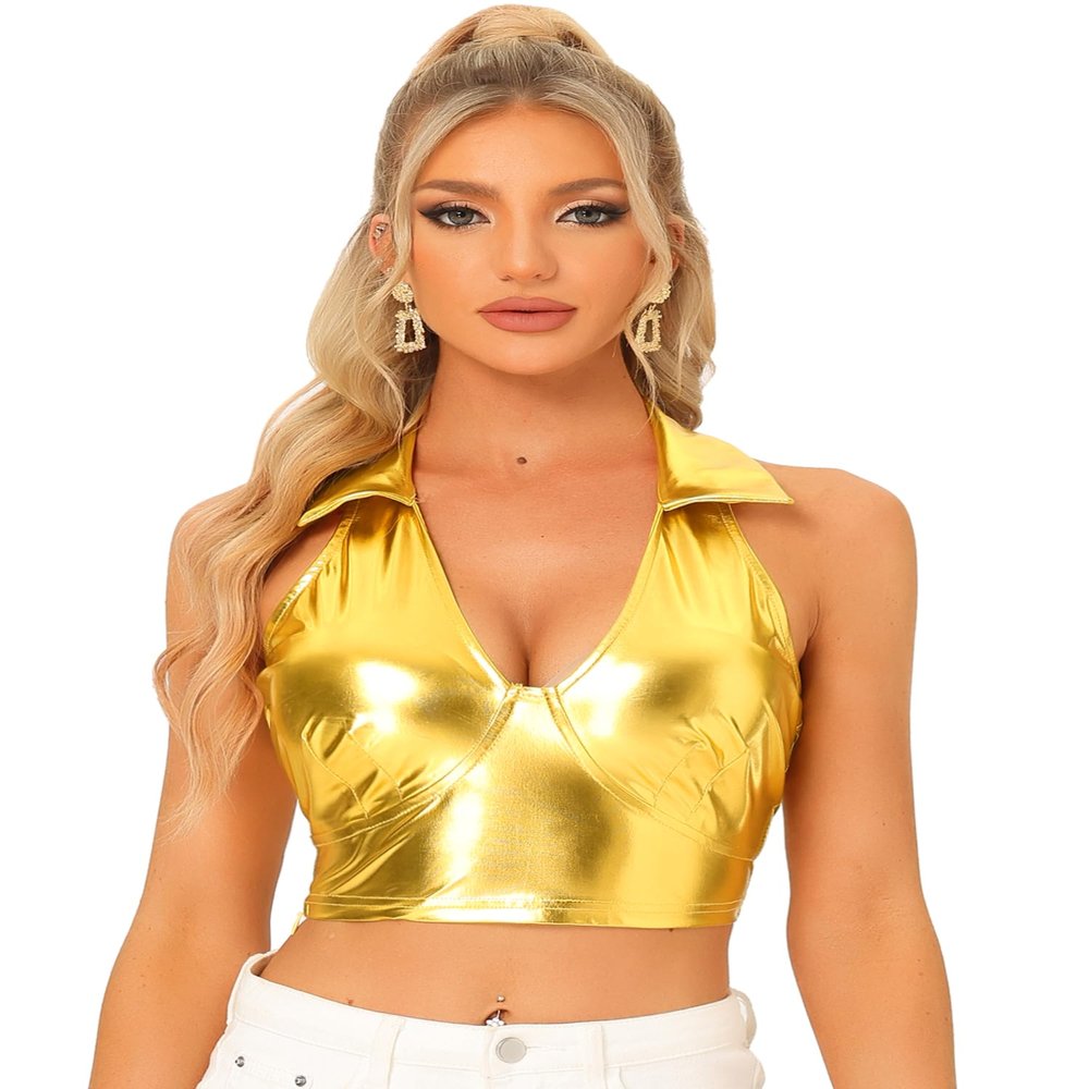 Allegra K Metallic Tops for Women 2026 Halter V Neck Sleeveless Shiny Holographic Crop Top Clubwear Party Outfits Medium Gold