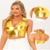 Allegra K Metallic Tops for Women 2026 Halter V Neck Sleeveless Shiny Holographic Crop Top Clubwear Party Outfits Medium Gold view 2