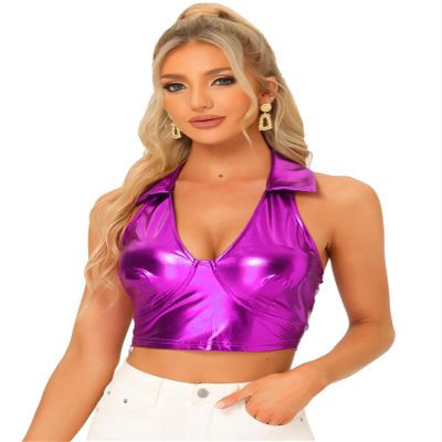 Allegra K Metallic Tops for Women 2026 Halter V Neck Sleeveless Shiny Holographic Crop Top Clubwear Party Outfits X-Large Purple
