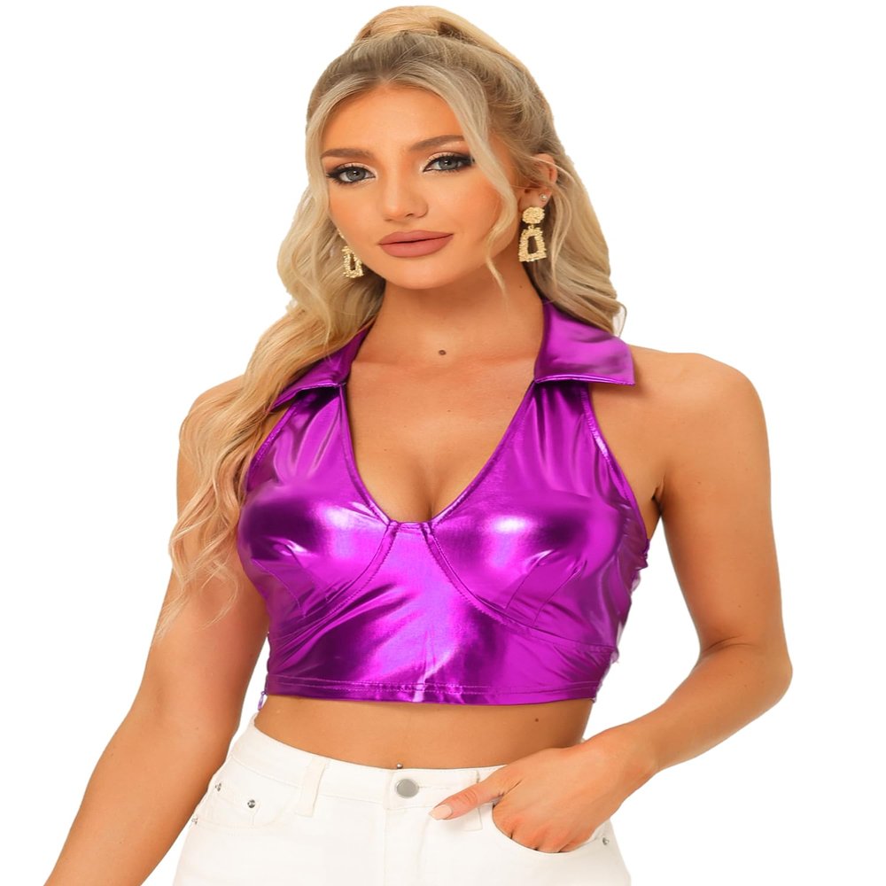 Allegra K Metallic Tops for Women 2026 Halter V Neck Sleeveless Shiny Holographic Crop Top Clubwear Party Outfits X-Large Purple