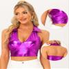 Allegra K Metallic Tops for Women 2026 Halter V Neck Sleeveless Shiny Holographic Crop Top Clubwear Party Outfits X-Large Purple view 2