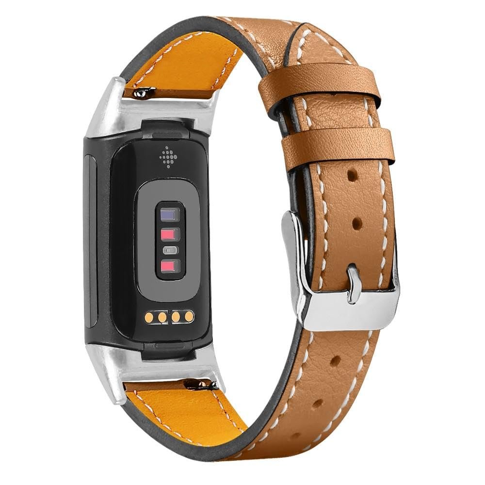 INF Leather Watch Band Compatible with Fitbit Charge 5, Quick Release Replacement Adjustable Business Sport Strap with metal Buckle(Brown)