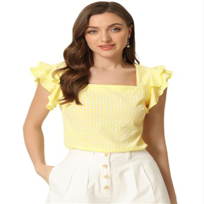 Allegra K Gingham Tops for Women Summer Ruffle Cap Sleeve Square Neck Plaid Blouses Shirt Summer Outfits X-Small Yellow