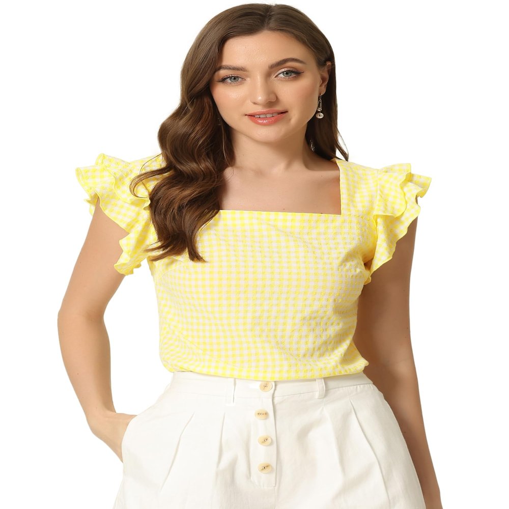 Allegra K Gingham Tops for Women Summer Ruffle Cap Sleeve Square Neck Plaid Blouses Shirt Summer Outfits X-Small Yellow