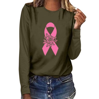Breast Cancer Awareness Tops for Women Cute Long Sleeve Pink Ribbon Print Shirts Causal Crewneck Tshirt Blouse Army Green S