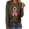 Breast Cancer Awareness Tops for Women Cute Long Sleeve Pink Ribbon Print Shirts Causal Crewneck Tshirt Blouse Army Green S view 1