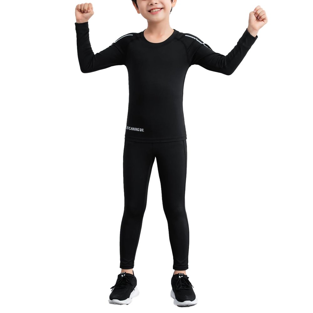 Fldy Youth Boy Base Layer Long Sleeve Compression Shirts and Leggings Pants Thermal Underwear Set Running Pants Tights Black 5-6 Years