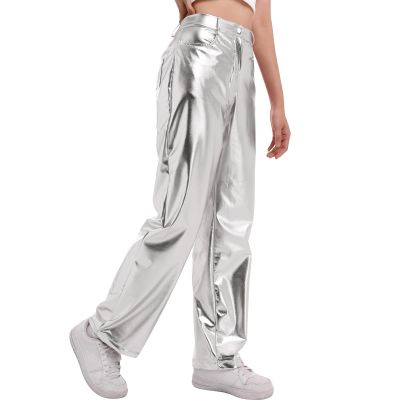 ODIZLI Silver Metallic High Waist Loose Fit Faux Leather Pants for Women with Pockets, PU Leather, Size L, Casual, Fashion, Rave, Streetwear