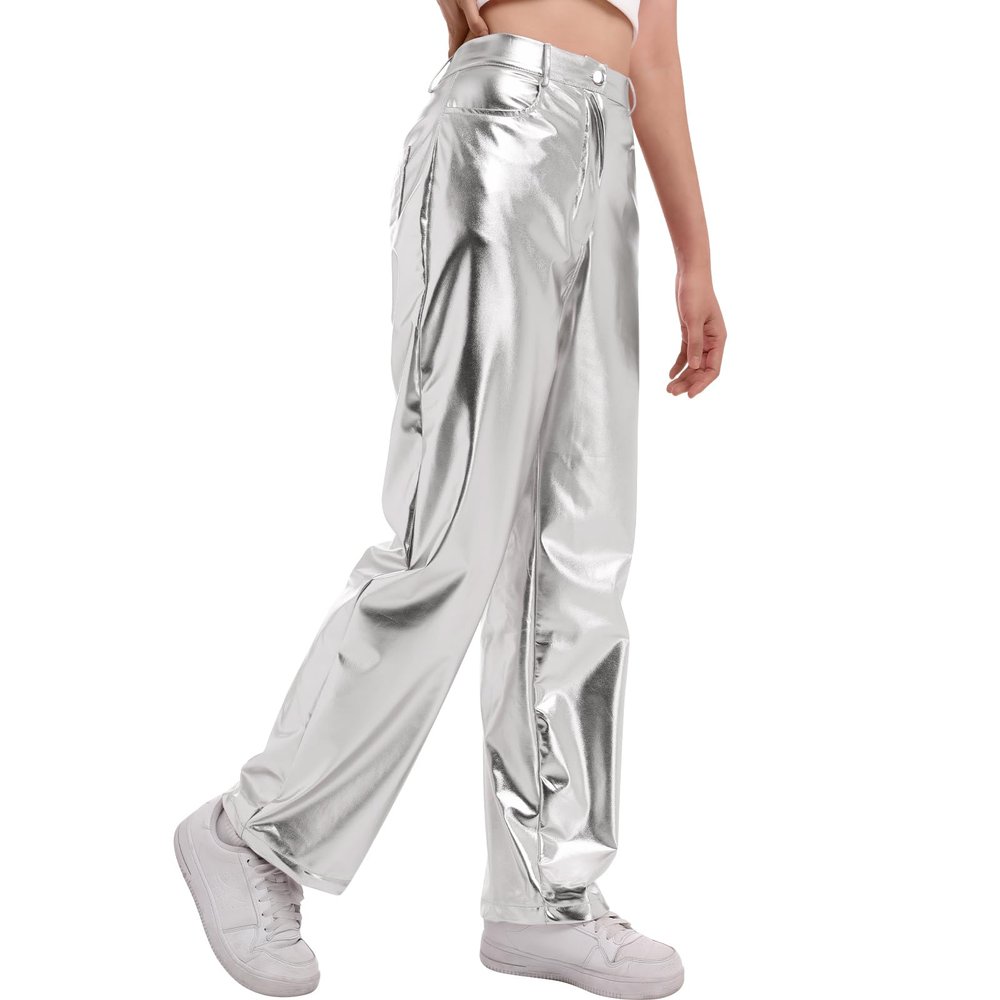 ODIZLI Silver Metallic High Waist Loose Fit Faux Leather Pants for Women with Pockets, PU Leather, Size L, Casual, Fashion, Rave, Streetwear