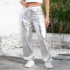 ODIZLI Silver Metallic High Waist Loose Fit Faux Leather Pants for Women with Pockets, PU Leather, Size L, Casual, Fashion, Rave, Streetwear view 2