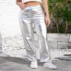 ODIZLI Silver Metallic High Waist Loose Fit Faux Leather Pants for Women with Pockets, PU Leather, Size L, Casual, Fashion, Rave, Streetwear view 3