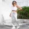 ODIZLI Silver Metallic High Waist Loose Fit Faux Leather Pants for Women with Pockets, PU Leather, Size L, Casual, Fashion, Rave, Streetwear view 4