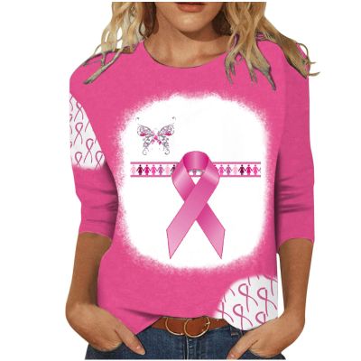 Breast Cancer Awareness Shirts for Women Trendy Casual 3/4 Sleeve Tunic Tops Pink Ribbon Print Graphic Tees Blouses Pink S