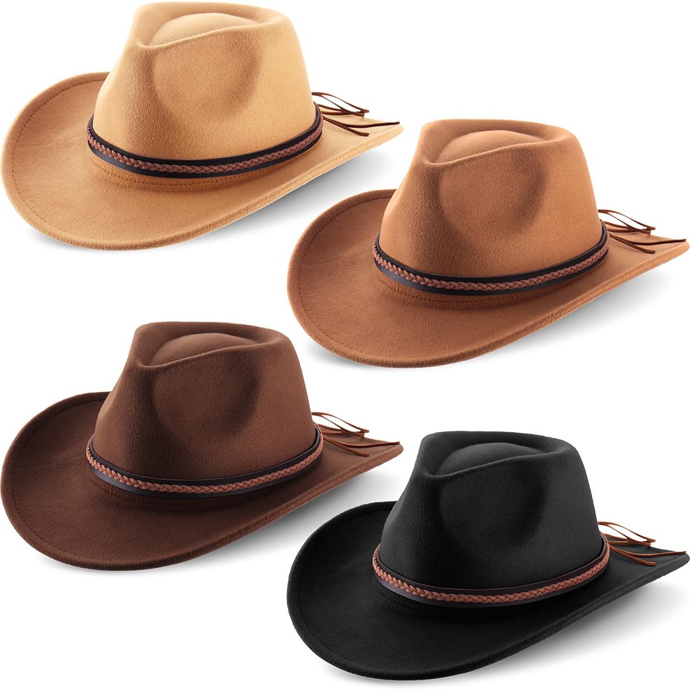 Chuarry 4 Pcs Women Men Felt Western Cowboy Hats Wide Brim Cowgirl Hats Panama Hat for Adults Costume Outdoor (Black, Camel, Khaki, Coffee)