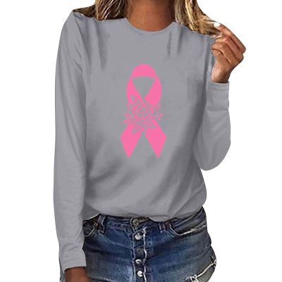 Breast Cancer Awareness Tops for Women Cute Long Sleeve Pink Ribbon Print Shirts Causal Crewneck Tshirt Blouse Gray S