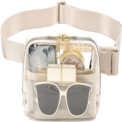 Clear Bag for Stadium Events - Adjustable Strap Belt Bag Stadium Approved for Women Men, Clear Fanny Pack Crossbody Waist Bag for Concerts, Sports, Travelling, Hiking, Running (Beige)